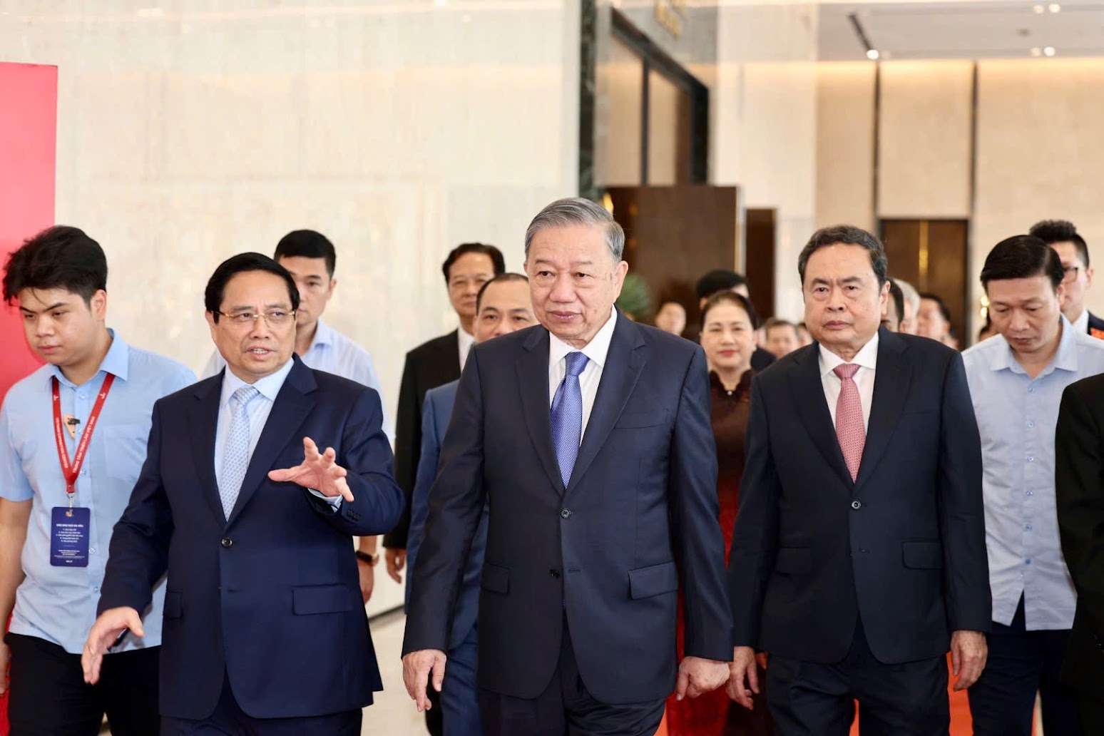 Tổng Bí thư Tô Lâm, Thủ tướng Chính phủ Phạm Minh Chính, Chủ tịch Quốc hội Trần Thanh Mẫn cùng các đại biểu đến dự khai mạc Triển lãm “80 năm Hành trình Độc lập - Tự do - Hạnh phúc” (Ảnh: VGP)