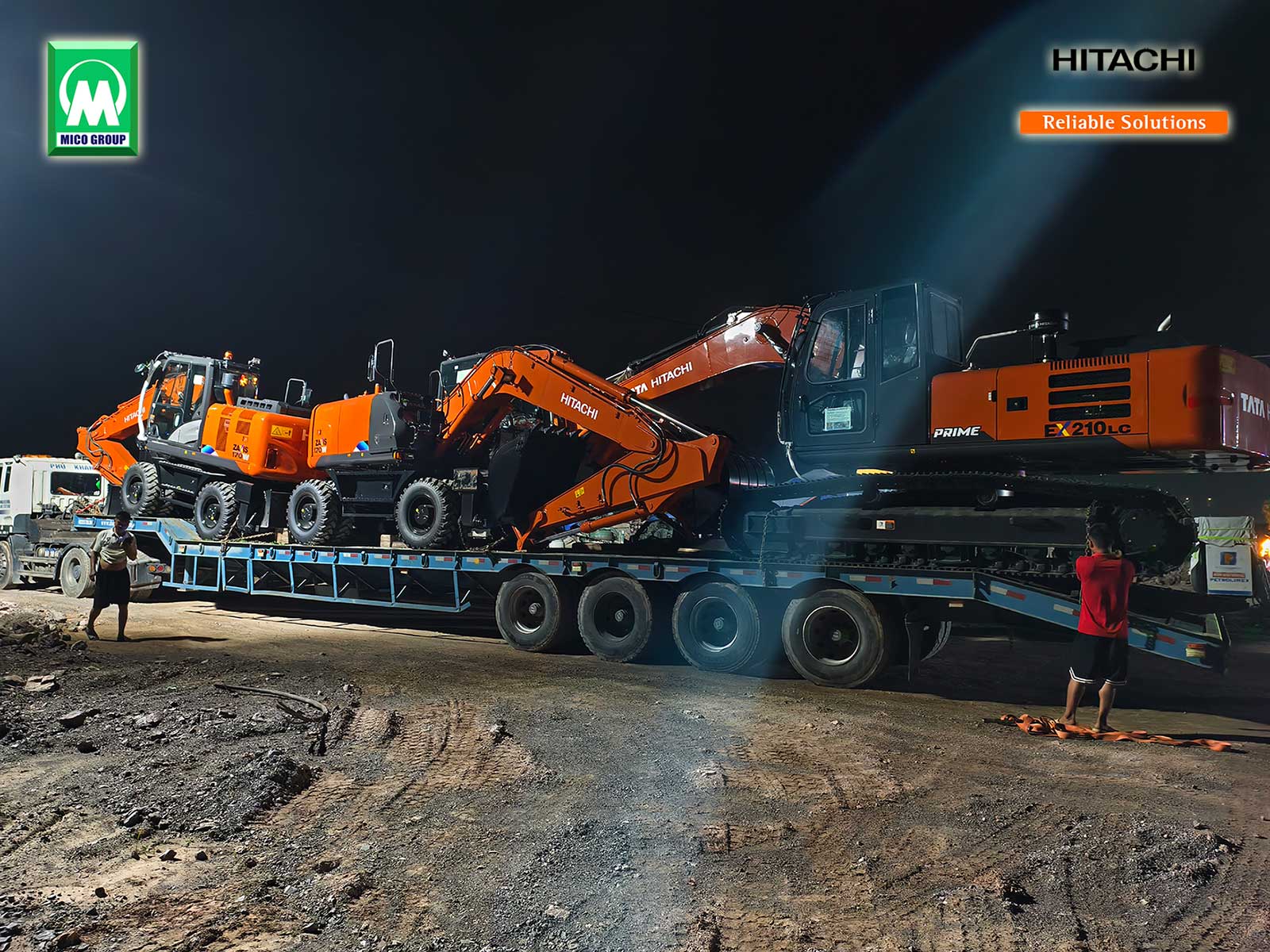 Chuyến xe chở 02 Đào bánh lốp Hitachi ZX170W 17 tấn và 01 Đào bánh xích Tata Hitachi EX210LC Prime 21 tấn